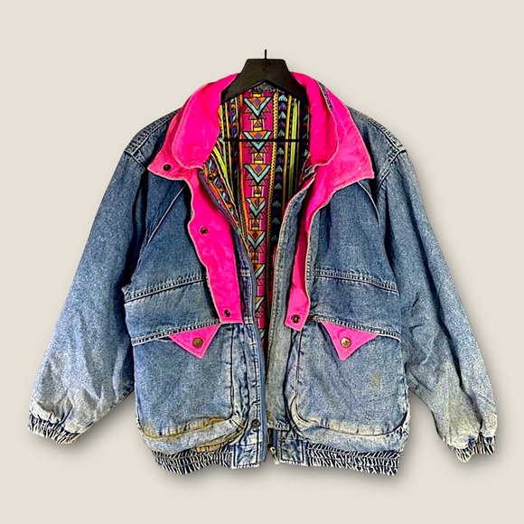 Vintage Jinglers Denim Jacket Pink Lined Grunge Retro Distressed Adult XS S 146 - Picture 1 of 15